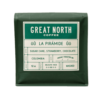 La Pirámide bag label with Great North Coffee branding Colombia origin and notes red apple toffee chocolate raspberry