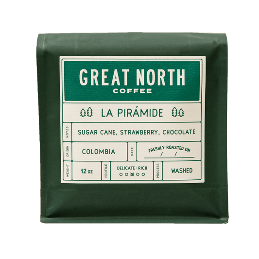 La Pirámide bag label with Great North Coffee branding Colombia origin and notes red apple toffee chocolate raspberry