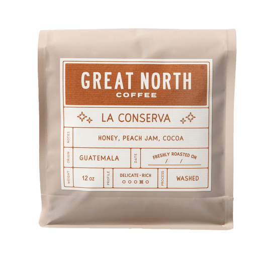 Great North Coffee La Conserva bag label featuring Guatemala origin and tasting notes Honey Peach Jam Cocoa