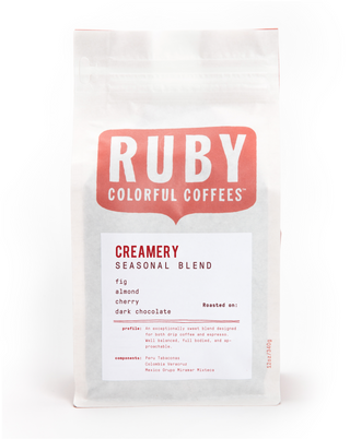 Creamery Seasonal Blend coffee bag featuring a large Ruby logo and flavor panel