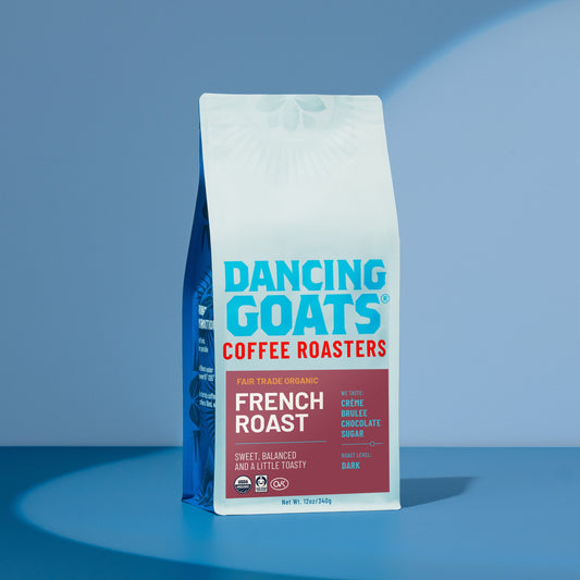 Organic Fair-Trade French Roast coffee bag with red label and certification logos.