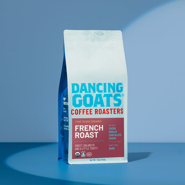 Organic Fair-Trade French Roast coffee bag with red label and certification logos.