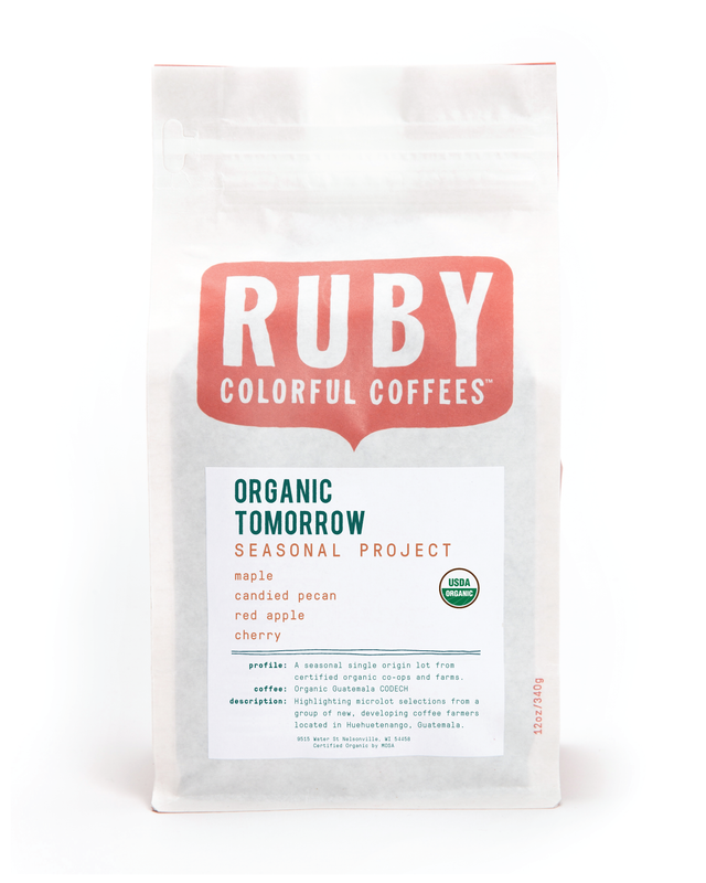 Ruby Organic Tomorrow Seasonal Project coffee bag with bold RUBY logo