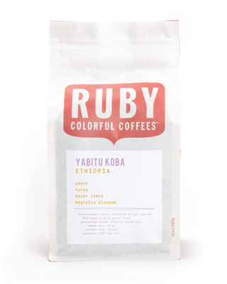 Ruby Coffee Roasters bag labeled Yabitu Koba Ethiopia with large Ruby logo on the front.