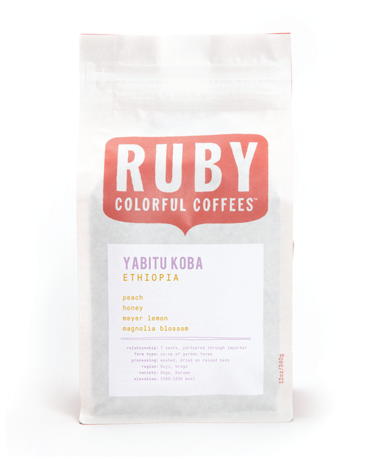 Ruby Coffee Roasters bag labeled Yabitu Koba Ethiopia with large Ruby logo on the front.