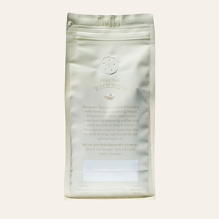 Silver coffee bag with a white vent and zipper, labeled Guatemala Jaime Morales Maragogype.