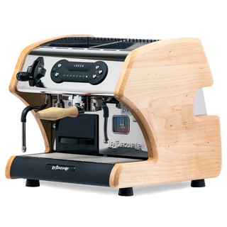 LUCCA A53 espresso machine with handcrafted natural wood panels on the sides.