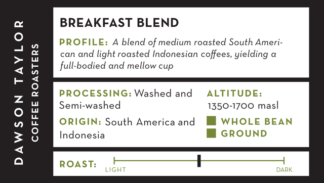 Breakfast Blend coffee label with Dawson Taylor branding showing profile origin and roast details on white panels