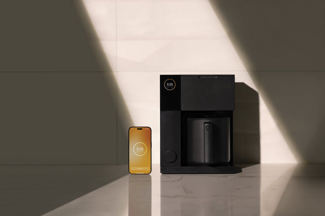 Aiden Precision Coffee Maker, from Clive Coffee, lifestyle, with mobile app