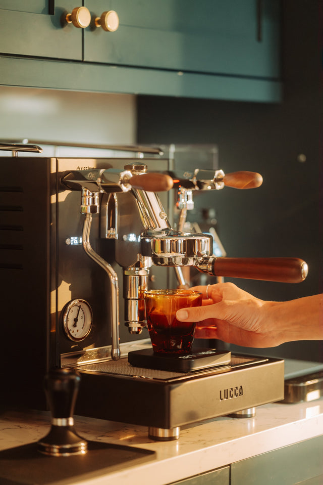 LUCCA X58 Espresso Machine, pulling a shot, from Clive Coffee, spring, demo, lifestyle