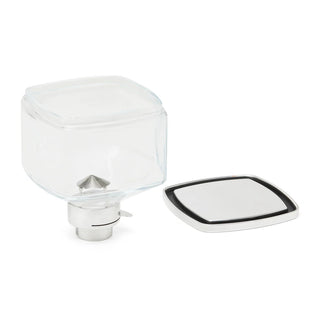 Eureka Mignon glass bean hopper with lid removed and placed next to it.