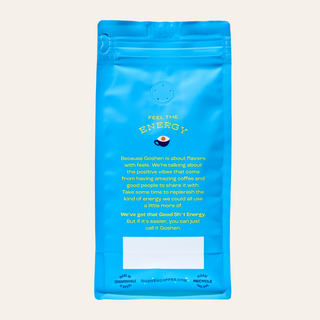 Blue energy themed coffee bag displaying Feel the Energy and Goshen Coffee branding.