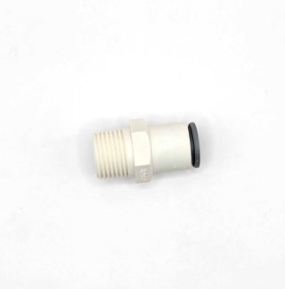 White quick connect direct plumb fitting with push connect and threaded ends