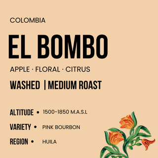 Colombia El Bombo medium roast coffee bag showing the white label details and floral artwork