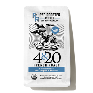 White Red Rooster 4 and 20 French Roast coffee bag with bold illustration and organic seal.