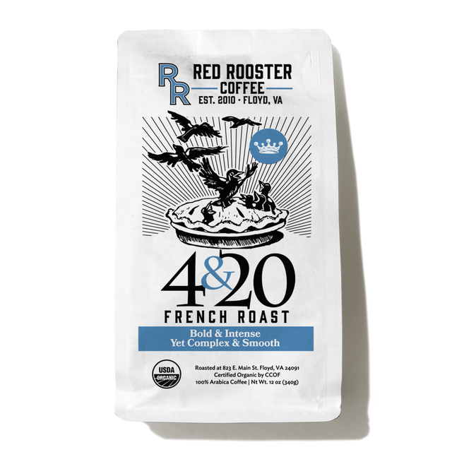 White Red Rooster 4 and 20 French Roast coffee bag with bold illustration and organic seal.