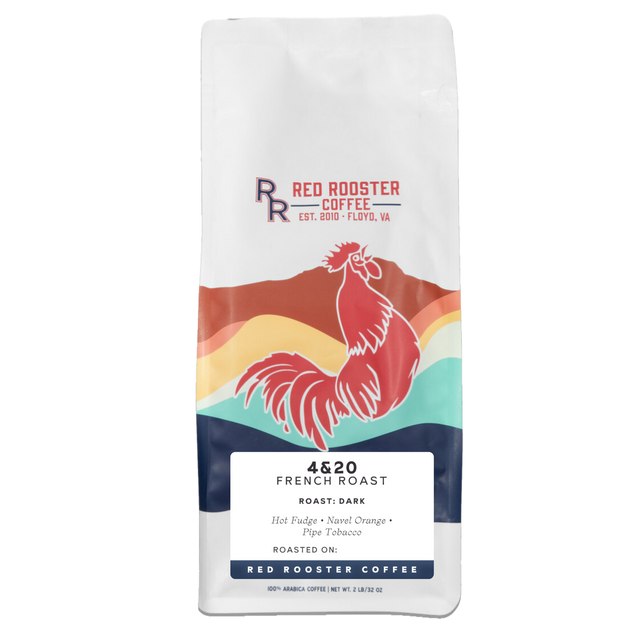 Front of a white coffee bag with Red Rooster Coffee logo and colorful rooster illustration for 4&20 French Roast