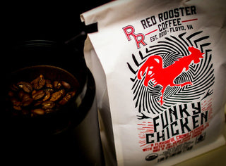 Front view of Organic Funky Chicken bag showing a red rooster graphic and bold branding.