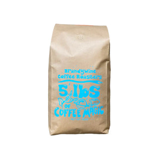 Brandywine Coffee Roasters bag with blue 5 lbs of Coffee Magic artwork on kraft paper.