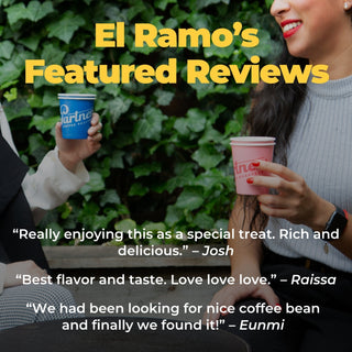 Two people outdoors hold coffee cups with El Ramo's Featured Reviews text overlaying the scene.