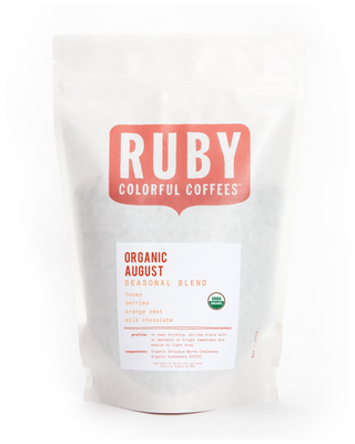 Organic August Seasonal Blend bag with red Ruby logo on white packaging