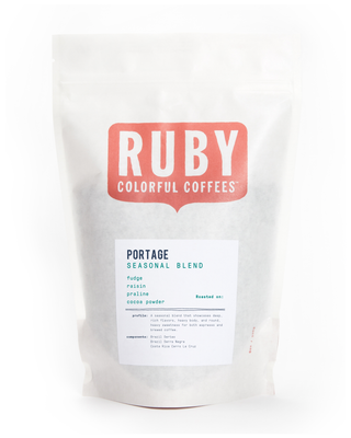 Portage Seasonal Blend coffee bag with Ruby Colorful Coffees logo on white packaging.