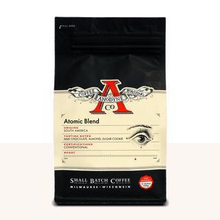 Atomic Blend coffee bag with cream label, large red A logo, and Milwaukee small batch branding