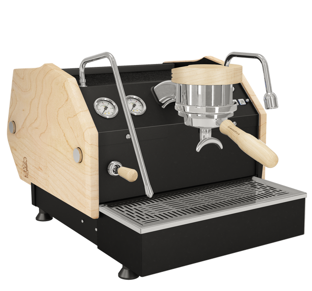 La Marzocco GS3 espresso machine with natural wood side panel and chrome levers on a black body