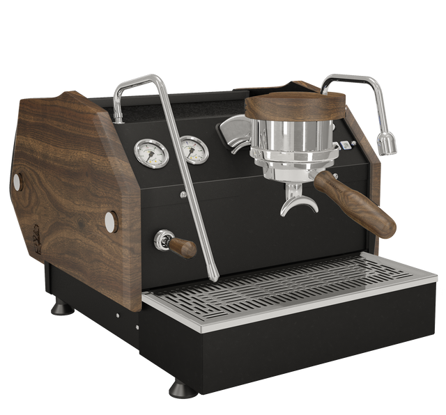 La Marzocco GS3 espresso machine with white front panel wood accents and visible gauges