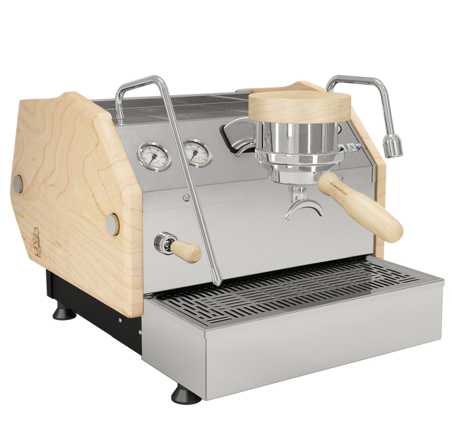 Close up of La Marzocco GS3 with wooden top and side panels highlighting its metal controls