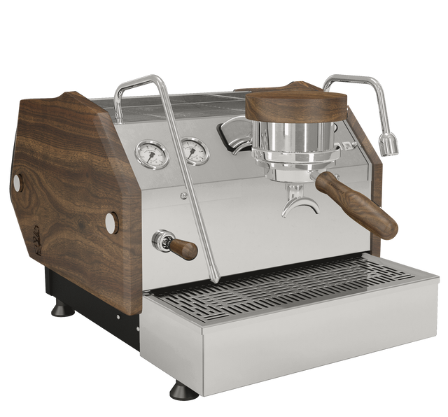 GS3 espresso machine with wooden side panels shown from a close crop focusing on gauges and portafilter