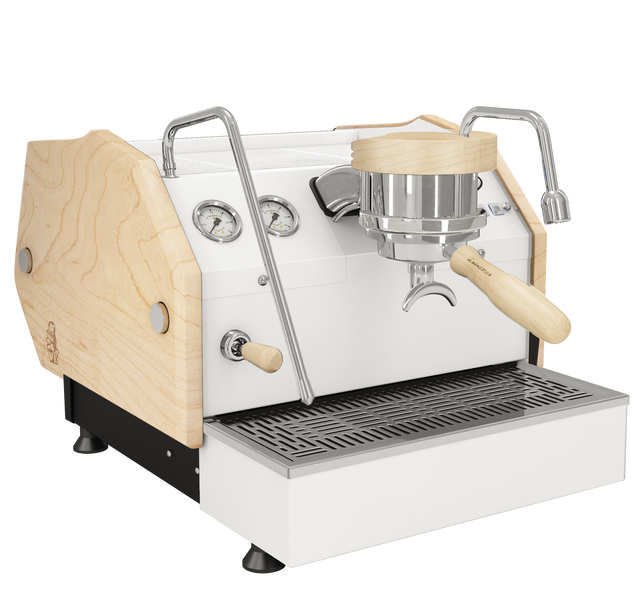 La Marzocco GS3 espresso machine with white body wood trim and stainless steel components including drip tray