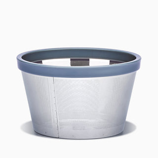 Able reusable coffee filter with stainless steel mesh and blue gray rim for drip brewers.