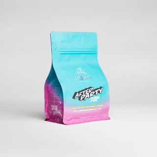After Party coffee bag in vivid turquoise draped over a turquoise chair against a pale gray backdrop.