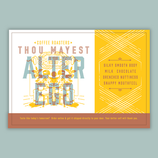 Alter Ego Thou Mayest coffee bag featuring a white left panel with bold artwork and a bright yellow right panel.