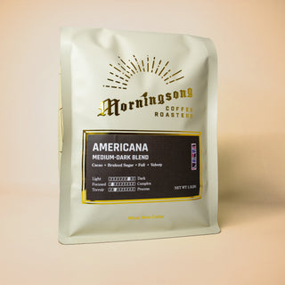 Americana coffee bag with dark label and net weight 1.5 lbs from Morningsong Coffee Roasters