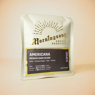 Americana Medium-Dark Blend coffee bag with dark label from Morningsong Coffee Roasters