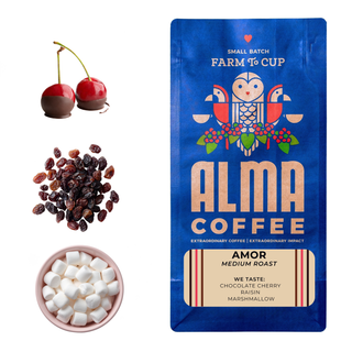 Amor coffee with chocolate cherries a cluster of raisins and marshmallows beside a blue Alma Coffee bag