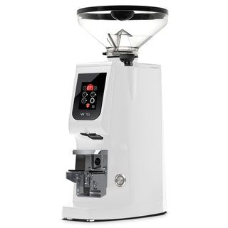Eureka Atom W 75 espresso grinder in white finish with clear hopper and front display panel
