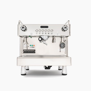 Rocket Boxer Timer Evo commercial espresso machine front view with control panel and gauge.