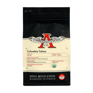 Anodyne Colombia Tolima coffee bag featuring Tolima region label and organic certification