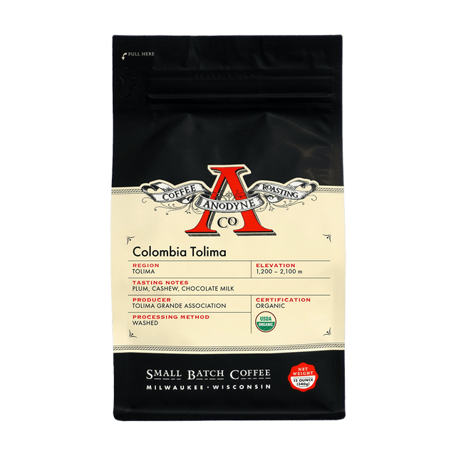 Anodyne Colombia Tolima coffee bag featuring Tolima region label and organic certification