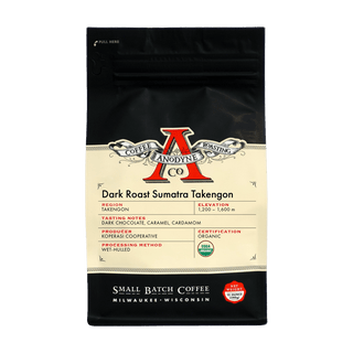 Dark Roast Sumatra Takengon coffee bag with cream label and large red Anodyne A logo