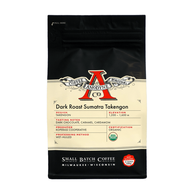 Dark Roast Sumatra Takengon coffee bag with cream label and large red Anodyne A logo