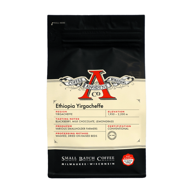 Anodyne Ethiopia Yirgacheffe coffee bag with black package and cream label listing region and tasting notes