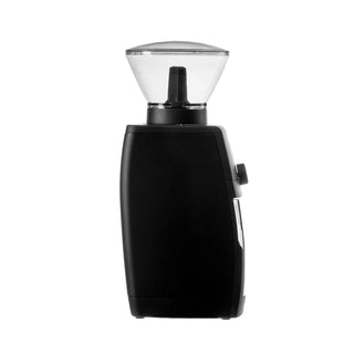 Side profile of black Baratza Encore ESP Pro espresso grinder with clear hopper.