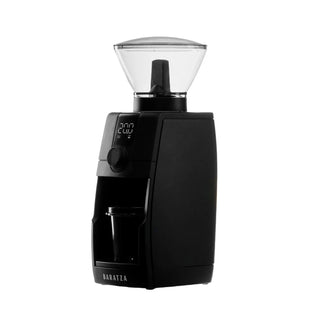 Angled front view of black Baratza Encore ESP Pro espresso grinder with clear hopper and digital display.