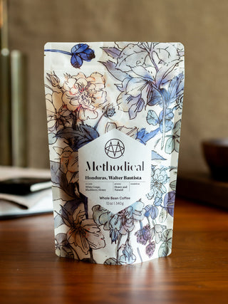 Methodical Honduras Walter Bautista whole bean coffee bag with blue floral pattern.