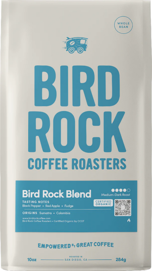 Bird Rock Blend coffee bag with bold blue branding and a tasting notes panel.