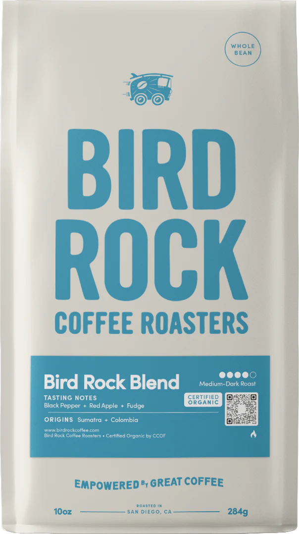 Bird Rock Blend coffee bag with bold blue branding and a tasting notes panel.
